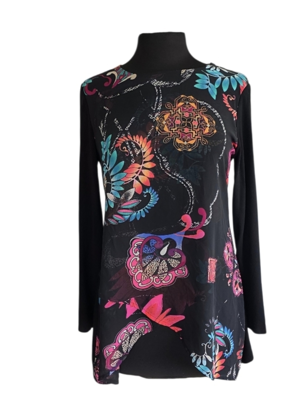 Chico's Black Multicolor Floral-Print Long Sleeve Tunic Layered Sheer Boho Artsy